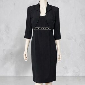 Black Embellished Waist Sheath Dress & Jacket Set